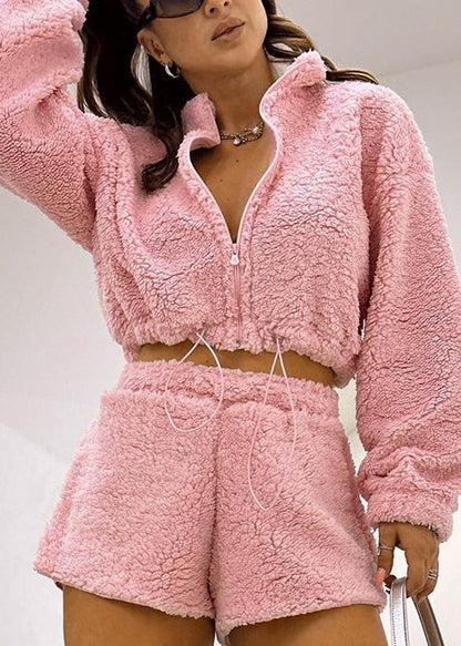 Stylish Pink Tops and Shorts Faux Fur Two Piece Suit Set Fall