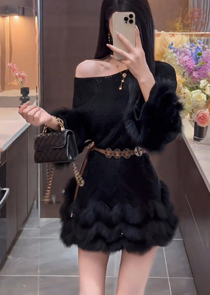 Brown Cold Shoulder Patchwork Faux Fur Sweater Dress Spring