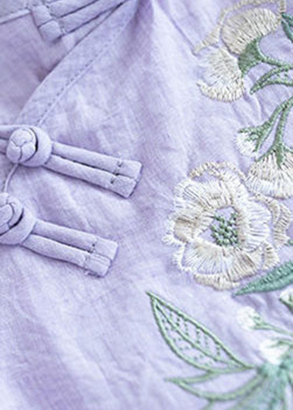 Purple Chinese Style Cotton Blouse Tops Layered Embroidered Three Quarter Sleeve