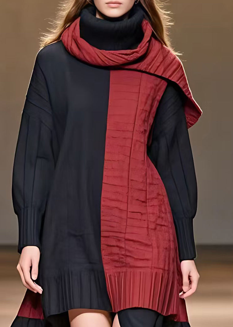 Black Patchwork Red Low High Design Maxi Dresses Fall