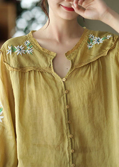 Italian Yellow Embroidered Lace Patchwork Linen Shirt Tops Bracelet Sleeve