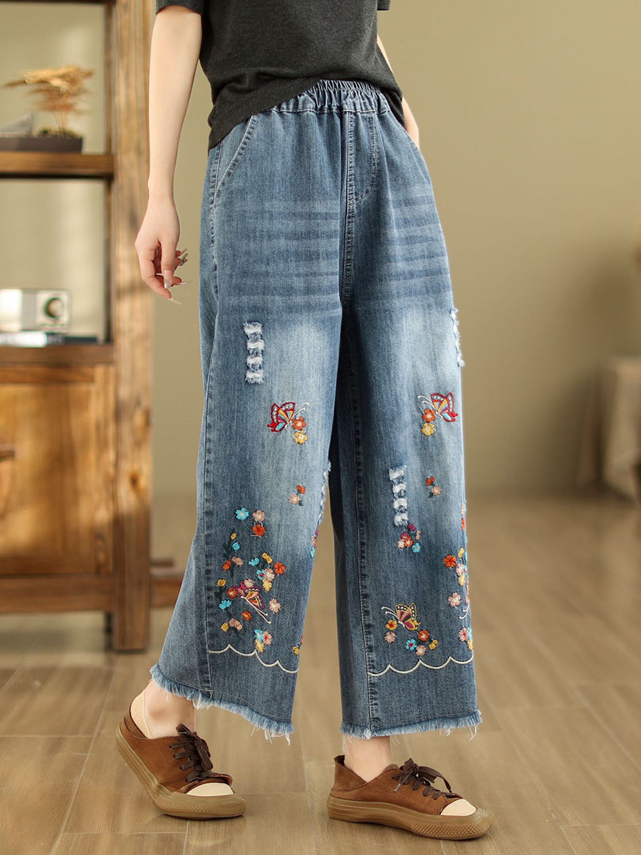 Summer Retro Embroidery Frayed Straight Denim Pants