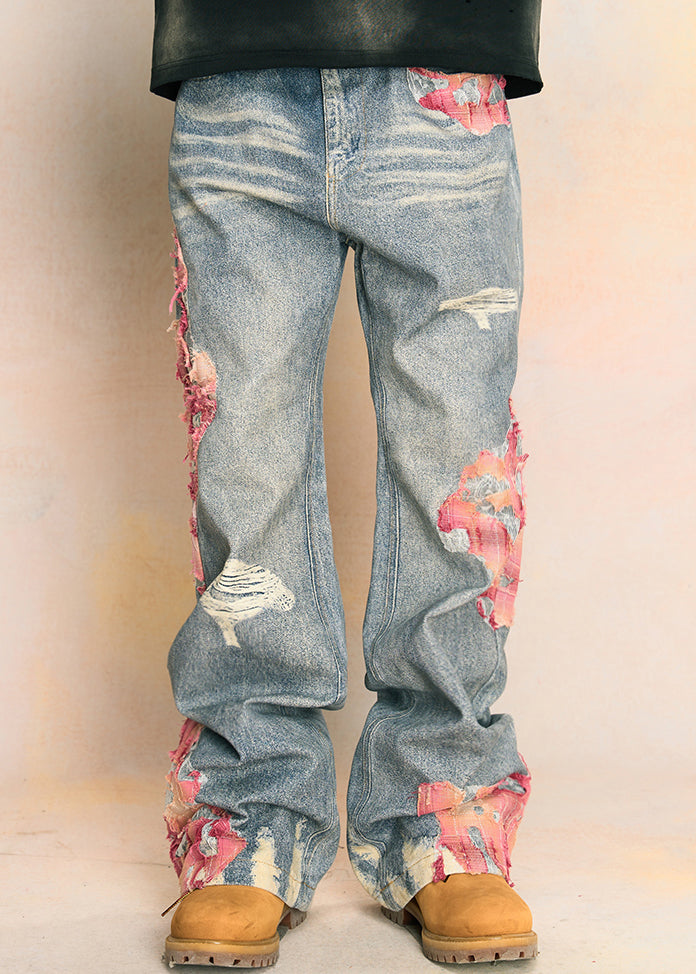 Blue Print Pockets High Waist Denim Pants Fall