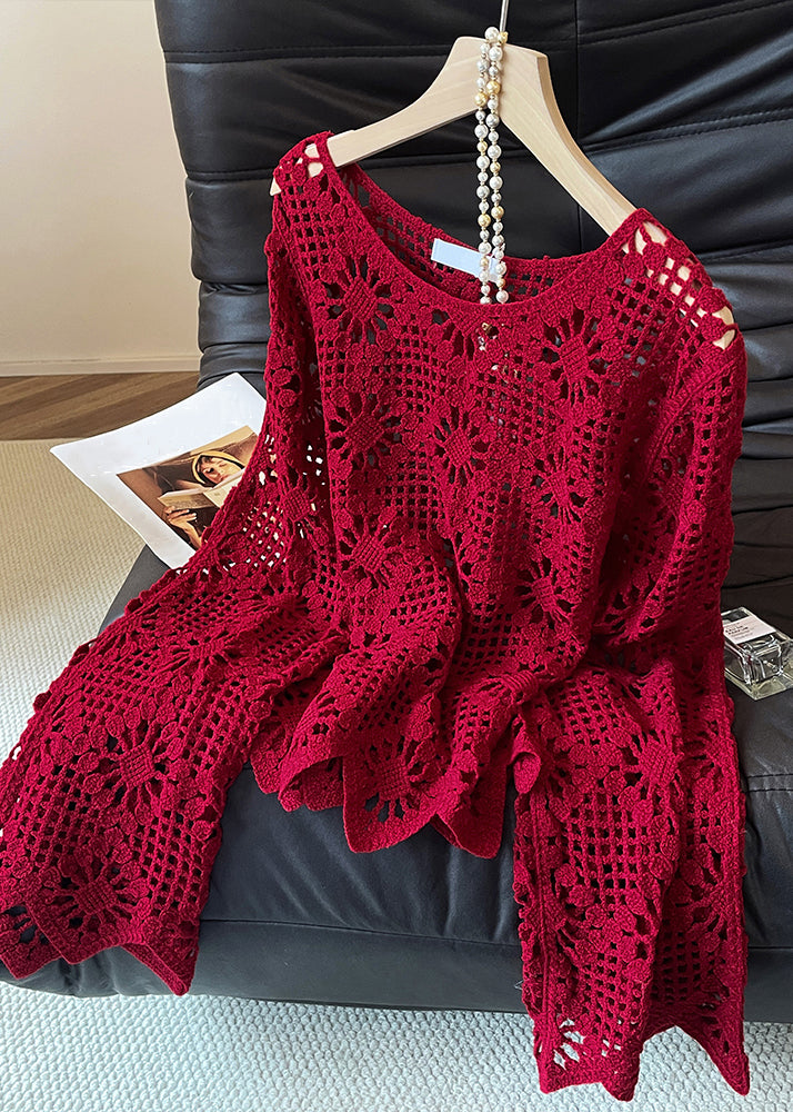 Red O Neck Hollow Out Knit Sweater Fall
