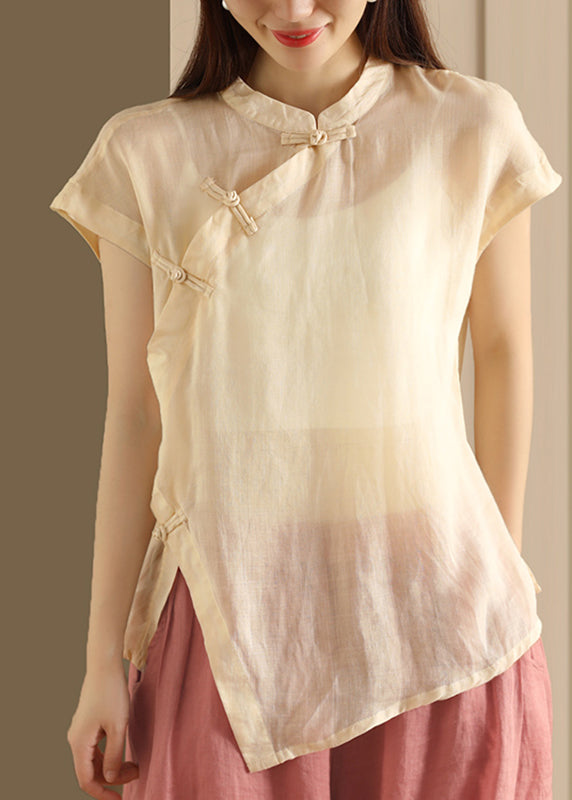 Handmade Green Stand Collar Button Linen Top Summer