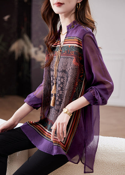 Loose Purple Low High Design Low High Design Chiffon Shirt Spring