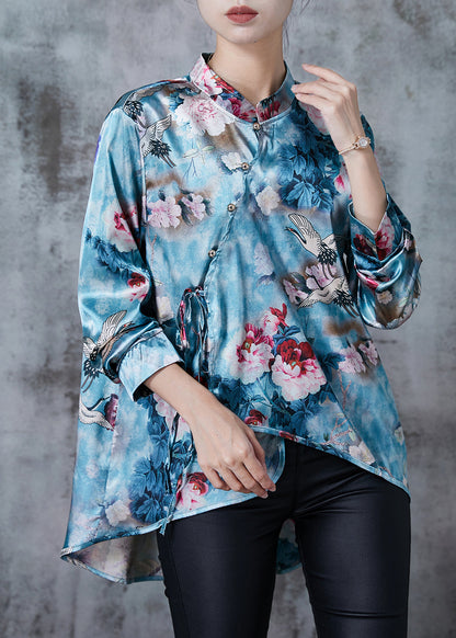 Blue Asymmetrical Print Silk Oriental Shirt Fall