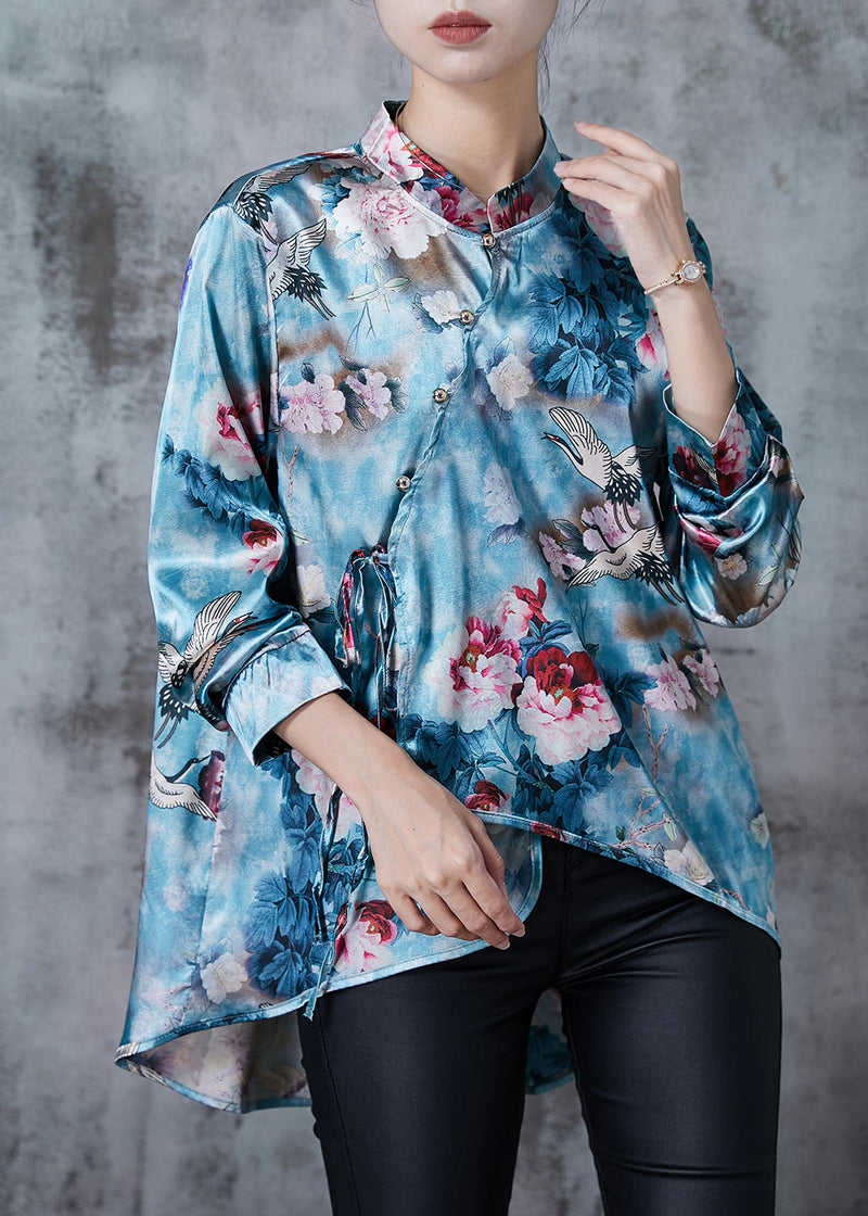 Blue Asymmetrical Print Silk Oriental Shirt Fall