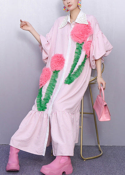 Pink Striped Flower Decorated Cotton Dresses Puff Sleeve