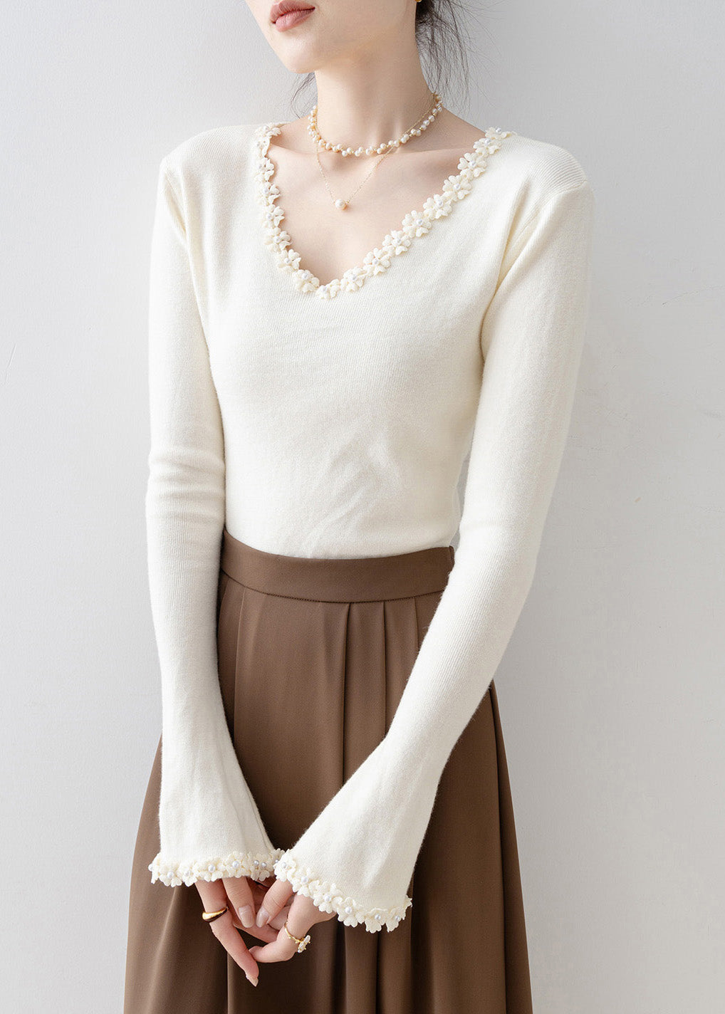 Apricot V Neck Patchwork Knit Sweaters Spring