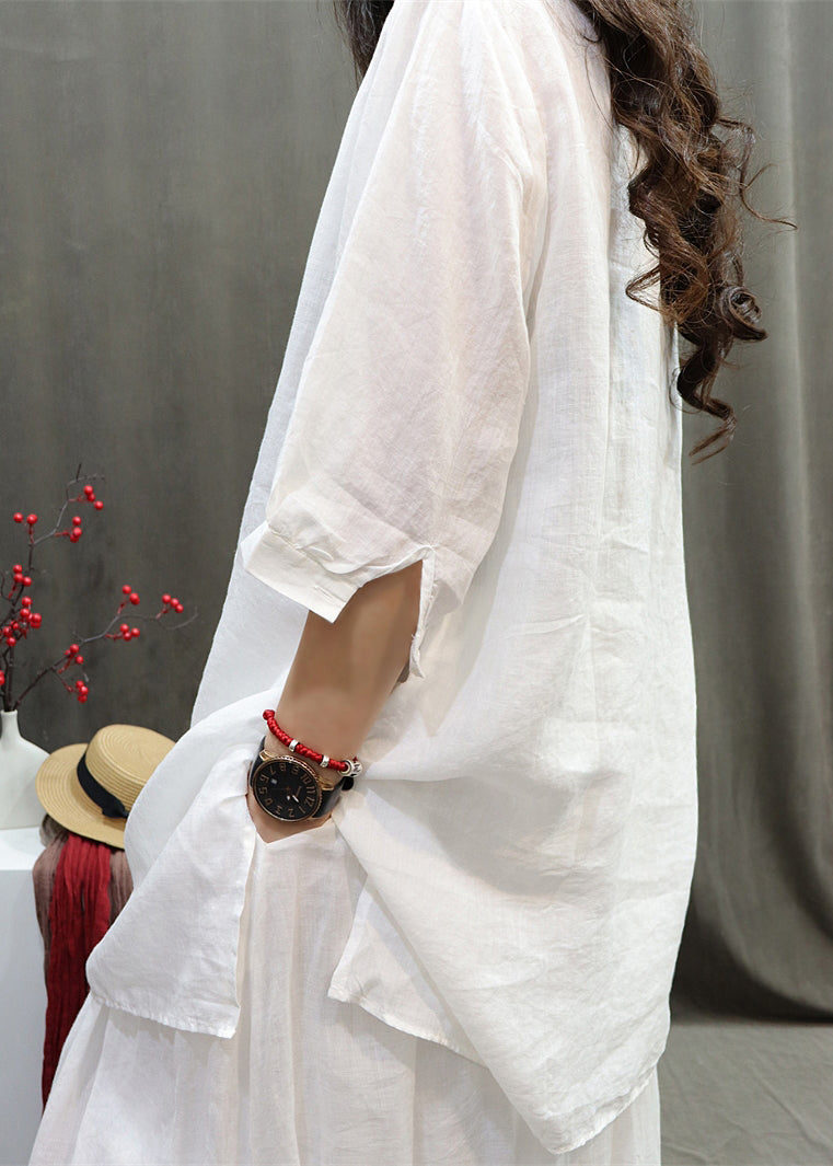 Retro Black O-neck Embroidered Side Open Shirt Half Sleeve