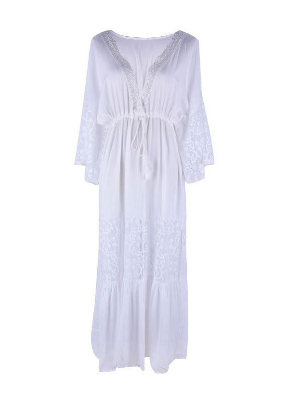 White V Neck Hollow Out Lace Patchwork Cotton Dress Summer