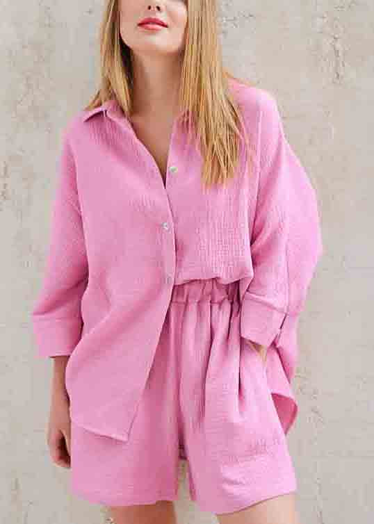 Art Color Oversized Cotton Shirts and Shorts Two Pieces Set Long Sleeve