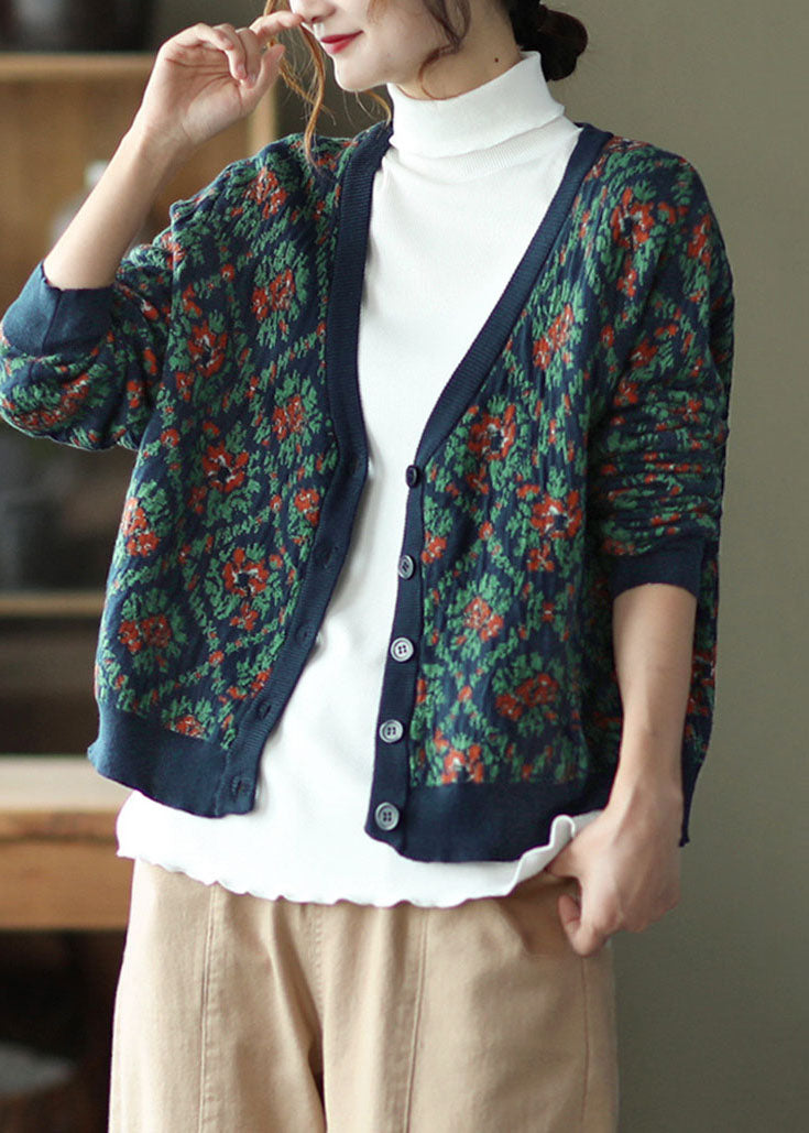 Navy V Neck Print Knit Cardigan Winter