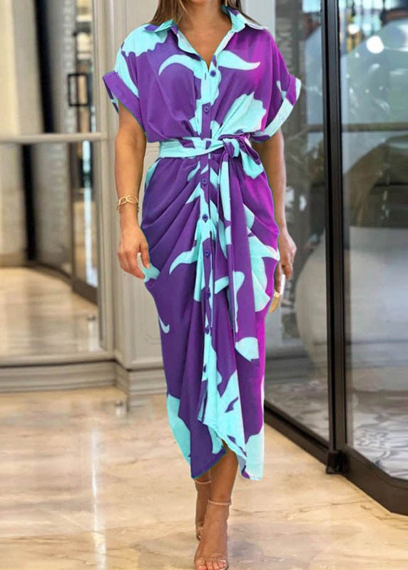 Pink Peter Pan Collar Print Tie Waist Cotton Shirts Dress Summer