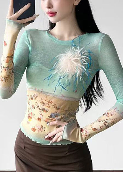 Slim Fit Colorblock O-neck Print Tulle T Shirts Summer