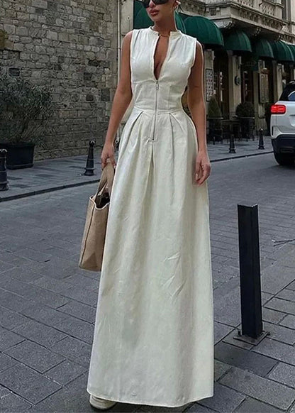 Green Round Collar Sleeveless Pleated Slim Maxi Dress