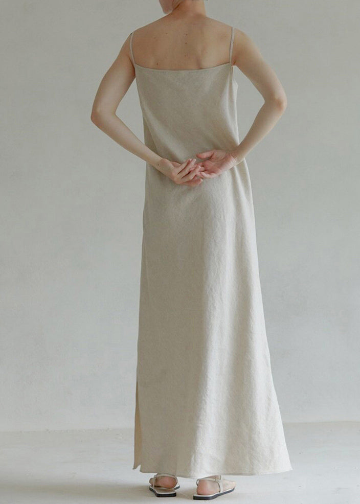 Black V Neck Side Open Linen Spaghetti Strap Dress Summer