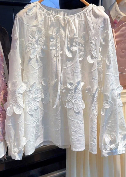 French White O-neck Tie Lace Top Lantern Sleeve