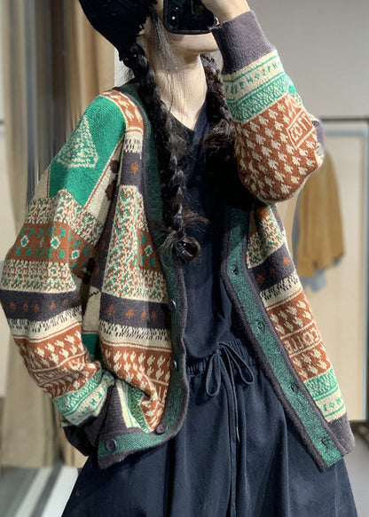 Red V Neck Print Button Knit Loose Cardigans Coat Fall