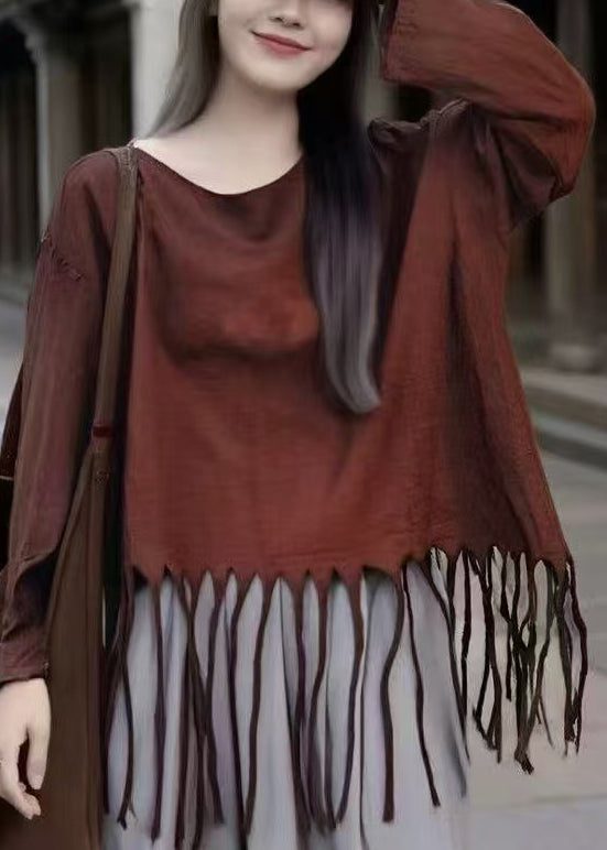 Loose Turmeric Tasseled Cotton T Shirt Spring