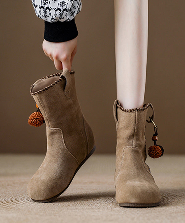 Khaki Suede Splicing Wedge Boots