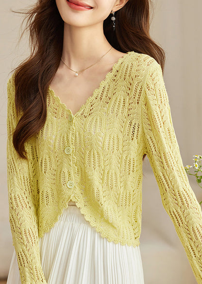 Yellow V Neck Hollow Out Knit Cardigans Summer