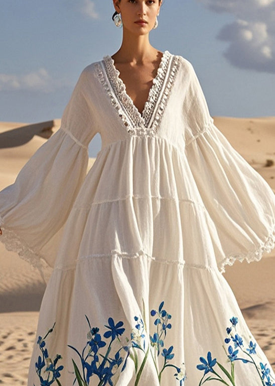 White V Neck Print Cotton Vacation Dresses Flare Sleeve