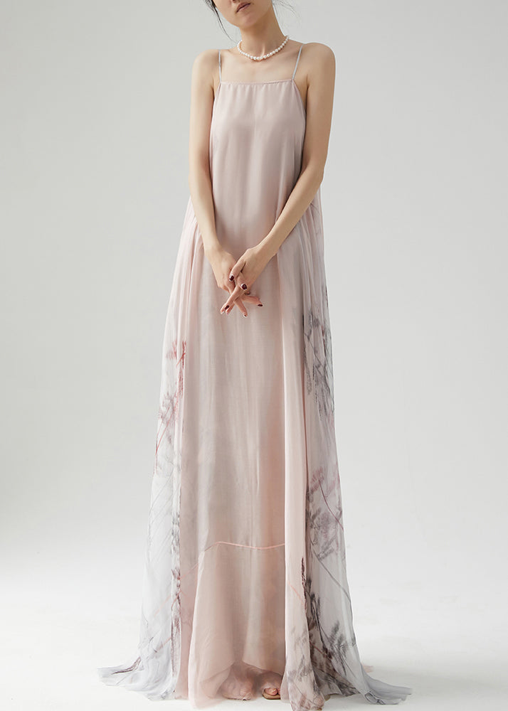 Pink Wrinkled Print Silk Spaghetti Strap Dress Sleeveless