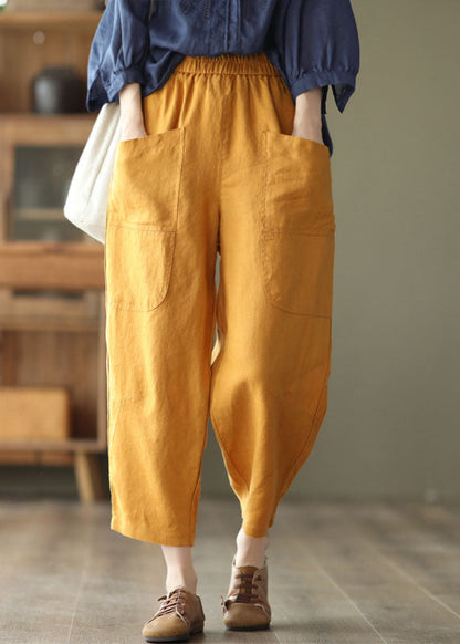 Yellow Elastic Waist Pockets Linen Harem Pants Spring