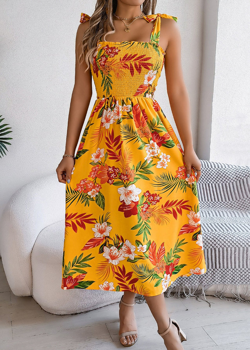 Yellow Print Lace Up Cotton Spaghetti Strap Dress Summer