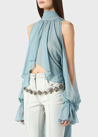Loose Blue Cold Shoulder Wrinkled Chiffon Blouse Fall