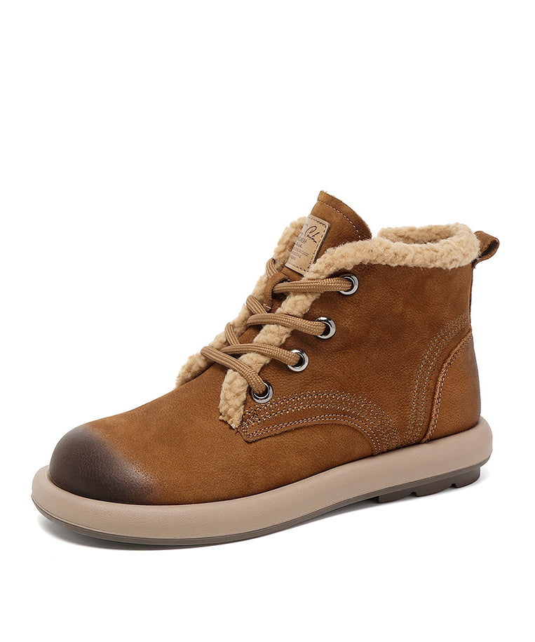 Khaki Cowhide Leather Boots Lace Up Fuzzy Wool Lined