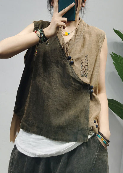 Khaki Chinese Button Patchwork Linen Vest Top Sleeveless