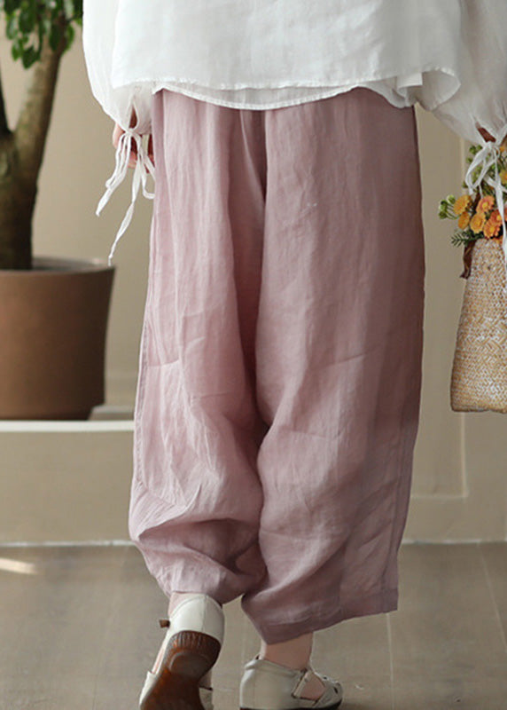 Brief Pink Elastic Waist Wide Ramie Leg Pants Summer