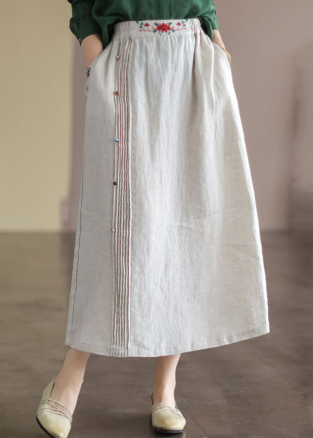 Beige Embroidered Pockets Patchwork Cotton Skirts Summer