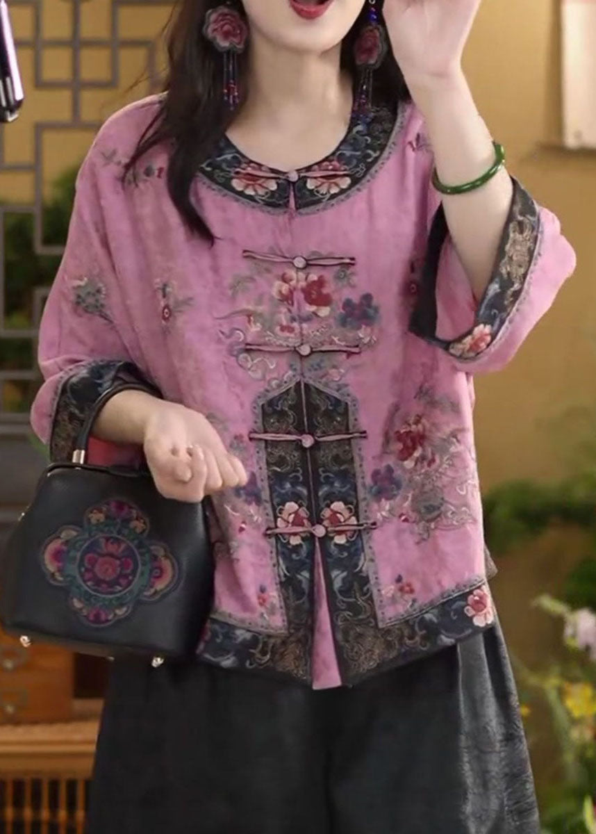 Chinese Style Pink O-neck Oriental Button Cotton Shirt Tops Summer