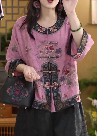 Chinese Style Pink O-neck Oriental Button Cotton Shirt Tops Summer