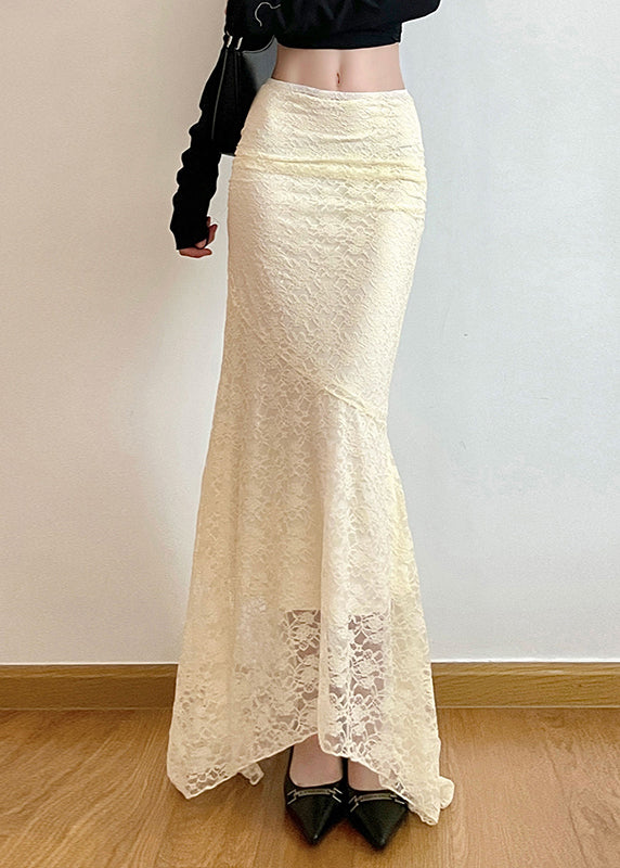 White Wraped Silm Fit Lace Fishtail Skirts Spring