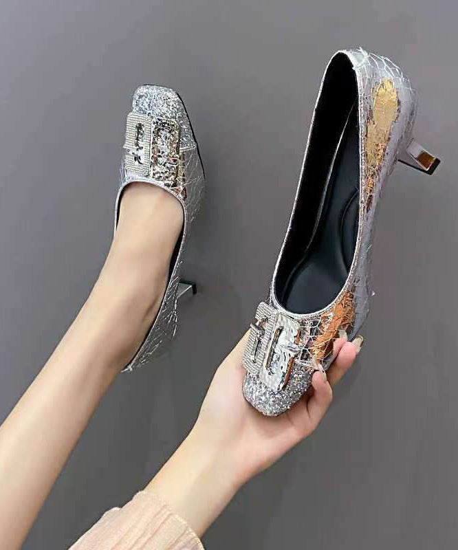 Gold Zircon Splicing Chunky High Heels Square Toe