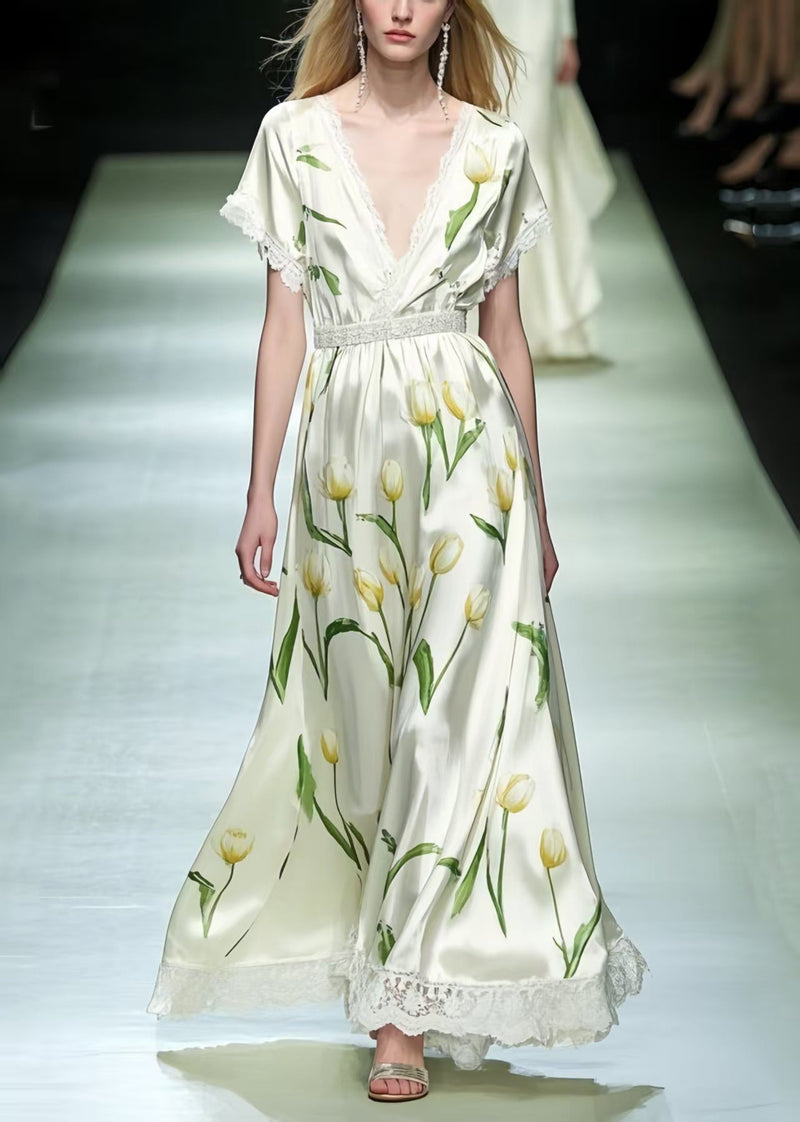 Modern White Flower Print Patchwork Lace Long Dresses Summer