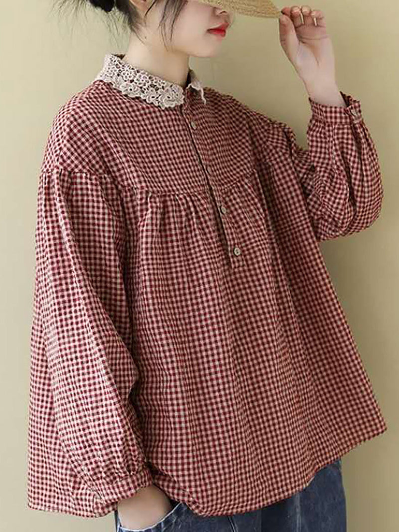 Loose Breasted Lace Plaid Tops