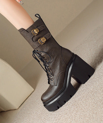 Black Boots Chunky Cowhide Leather Splicing Boots