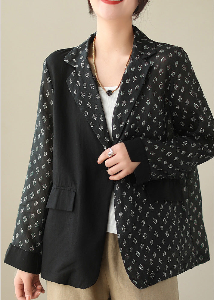 Black Patchwork Button Ramie Coat Spring