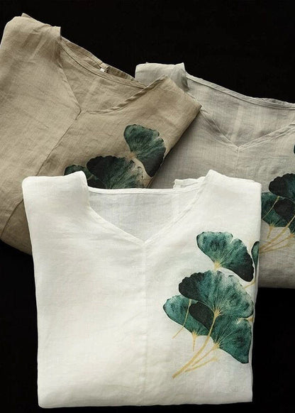 Coffee Green V Neck Print Patchwork Linen Shirts Half Sleeve