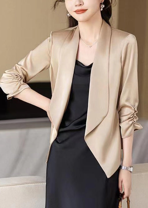 Champagne Peter Pan Collar Wrinkled Satin Coats Spring
