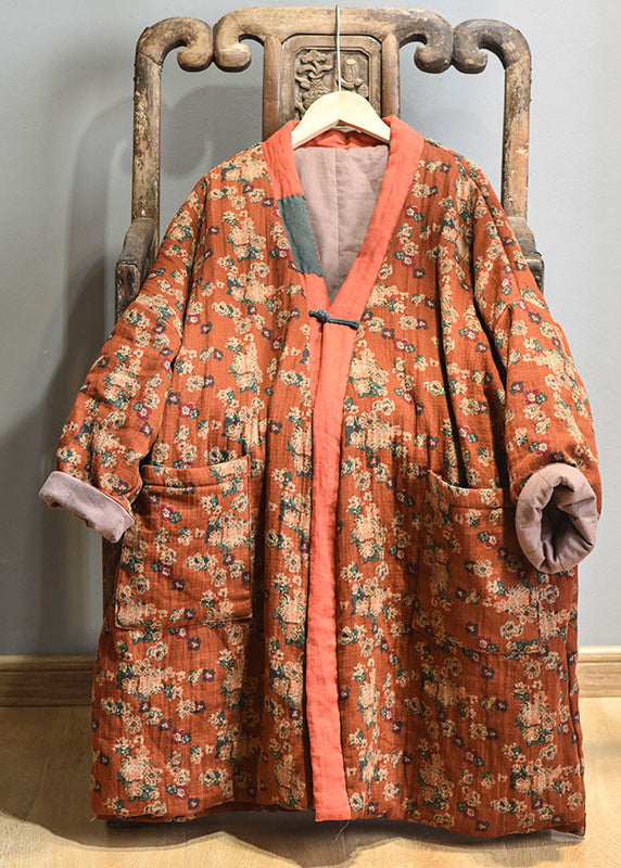 Purple V Neck Pockets Print Fine Cotton Filled Winter Coats