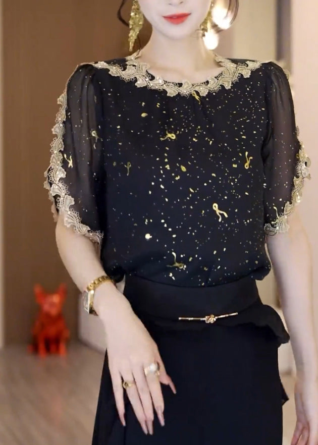 Handmade Black O-neck Lace Patchwork Chiffon Shirt Summer