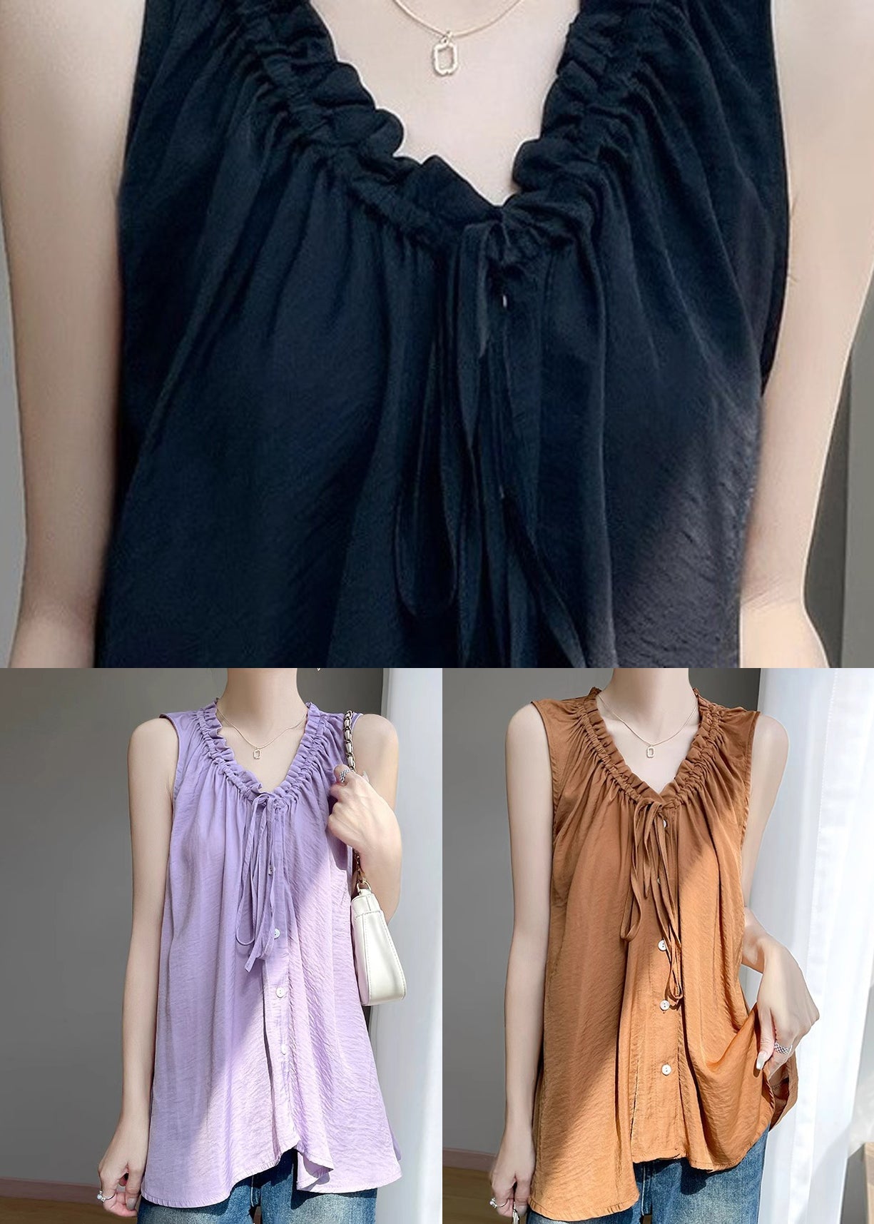 Loose Caramel Ruffled Lace Up Cotton Shirt Sleeveless