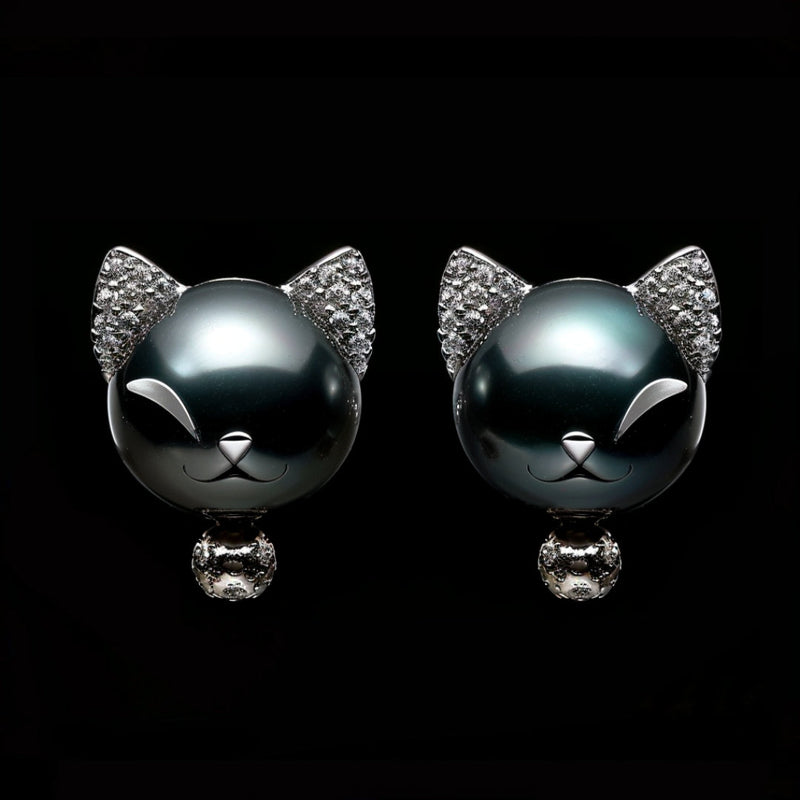 Dark Pearl Kitty Earrings